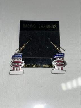 Pontiac 1 American Flag Racing Dangle Earrings 14kt gold posts Vintage